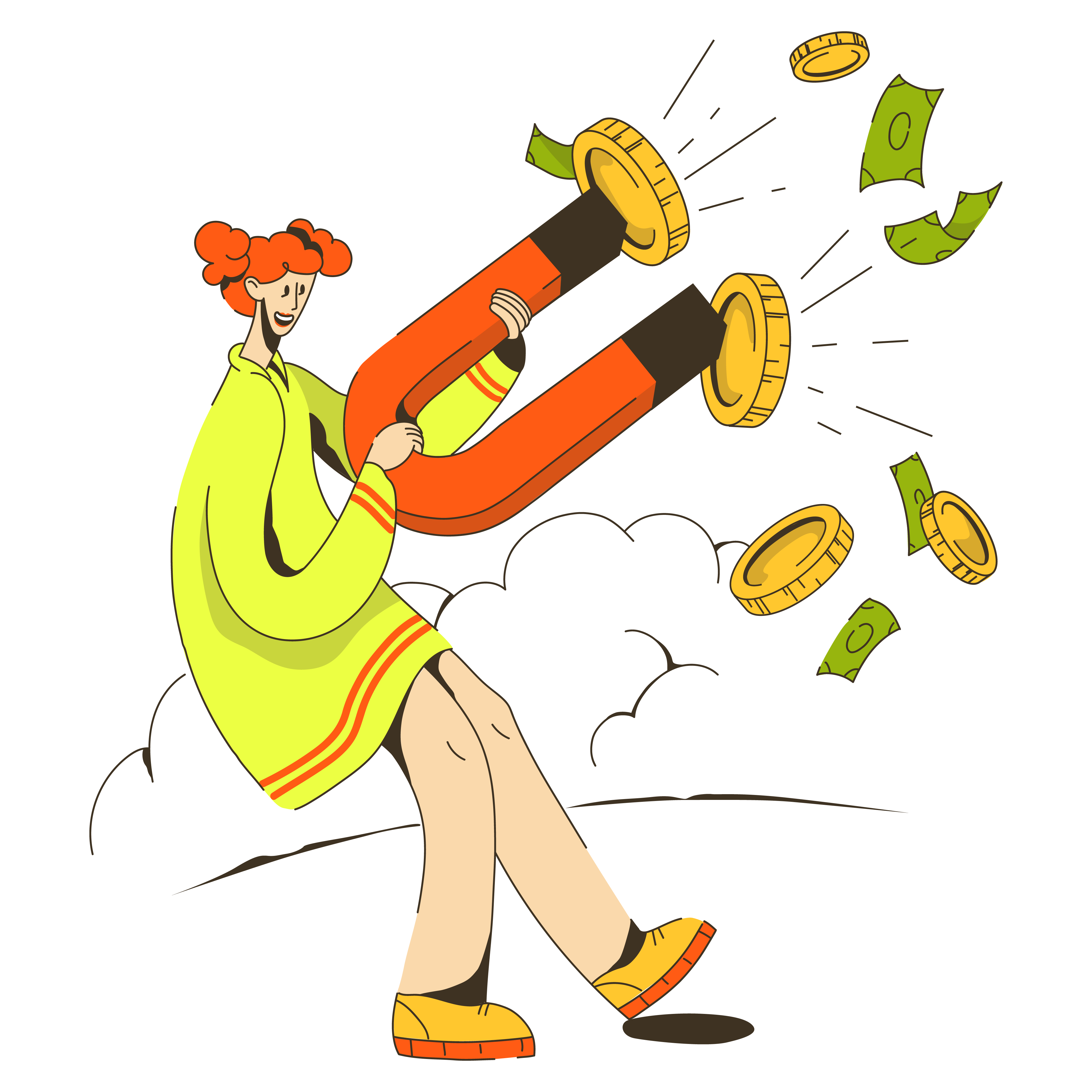 Mujer atrayendo monedas con un imán
